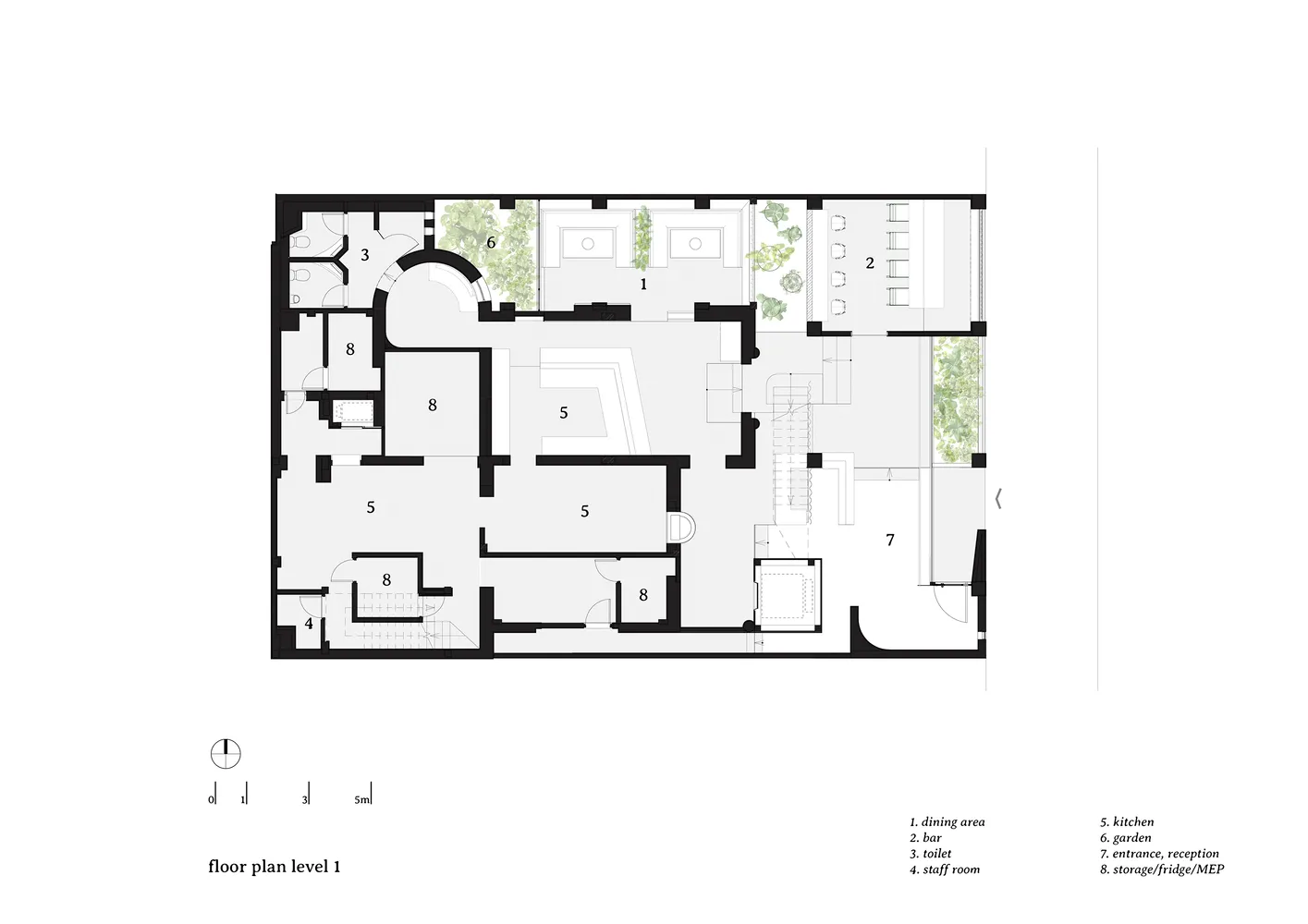 Floor plan of an office space with designated areas for dining, bar, toilet, staff room, kitchen, garden, entrance/reception,