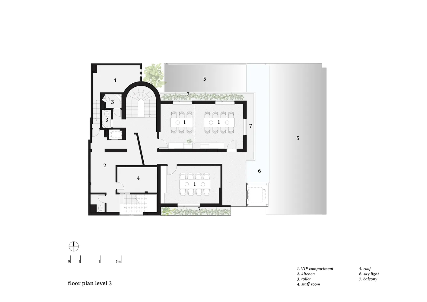 A detailed architectural floor plan of an office space, including VIP compartments, kitchen, toilet, and staff room.