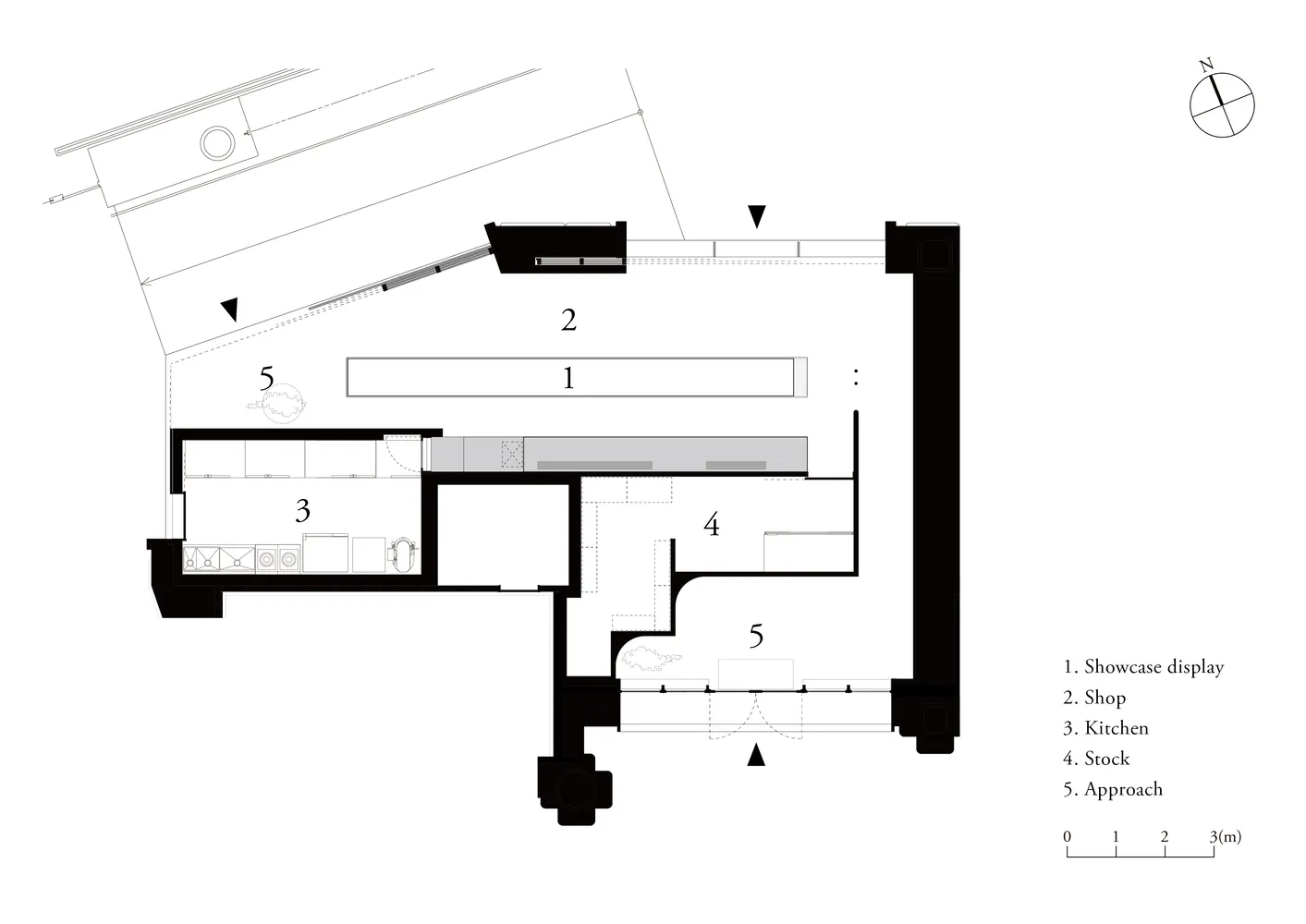 小型店舖的建築平面圖,擁有白牆與灰色地板,展示陳列區與店舖功能分區