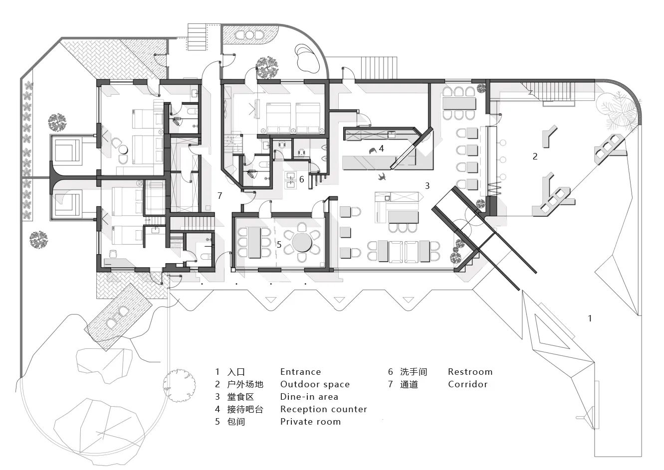 一張詳細的現代辦公室2D技術圖，展示工作站、會議室等功能區域