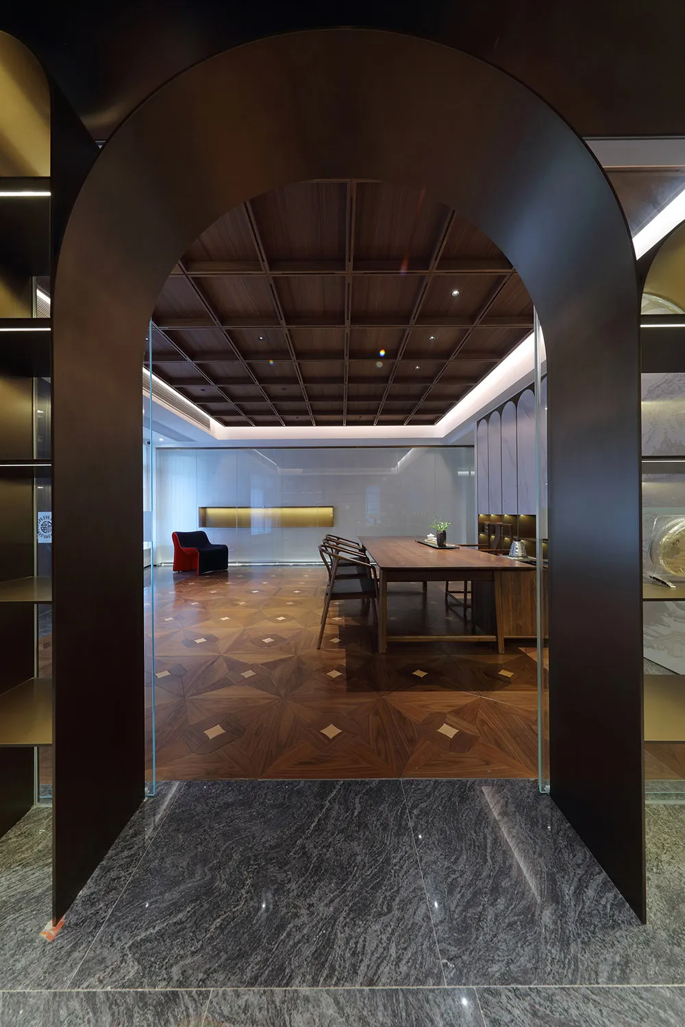 Modern office space featuring wood elements and contemporary design