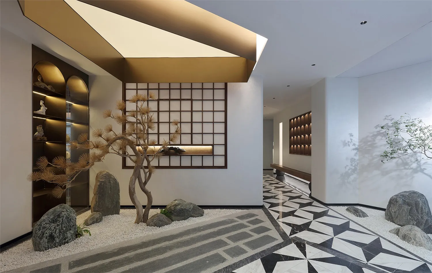 Modern entryway with concrete, marble, and minimalist decor