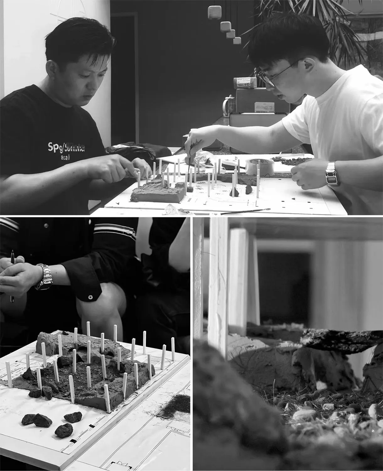 黑白影像中，兩人正專注細緻地製作黏土建築模型，模型上有許多微型柱子