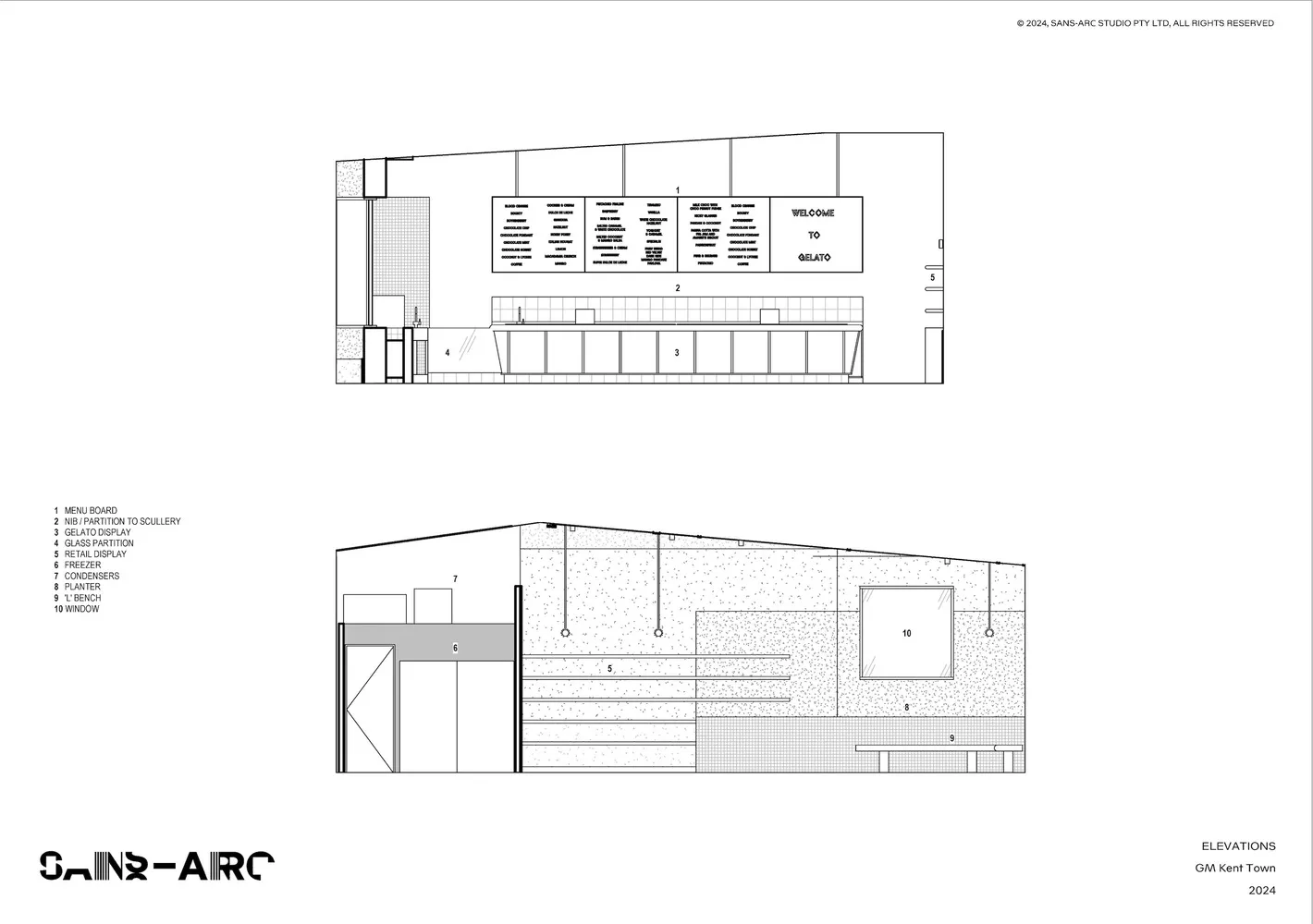Industrial retail shop floor plan featuring minimalist design with concrete finishes and functional zones.
