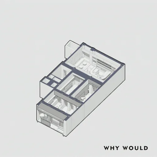Perspective view of a minimalist apartment floor plan with neutral colors and white walls.