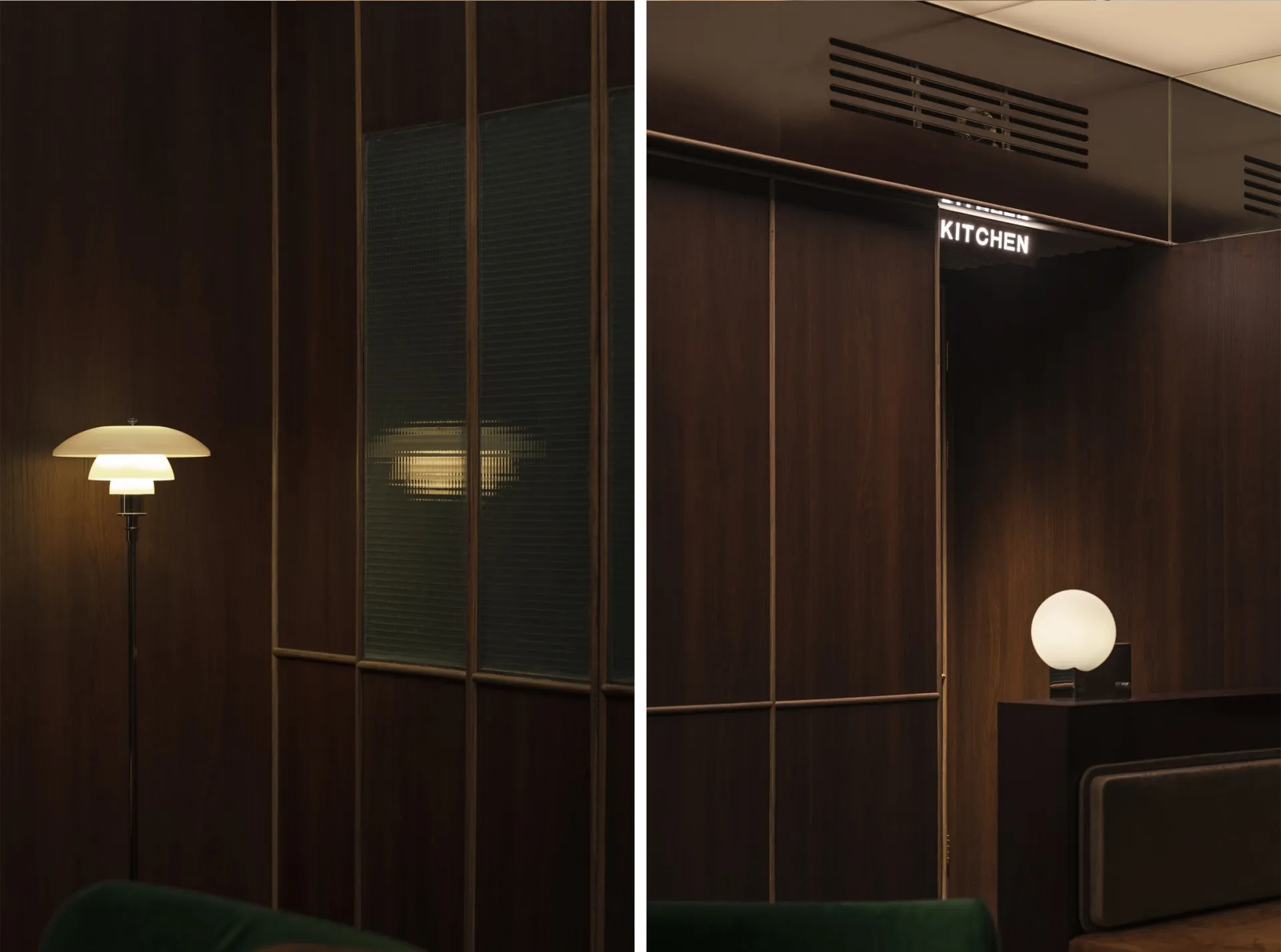 An interior design image showcasing a modern office with dark wooden walls and glass elements.