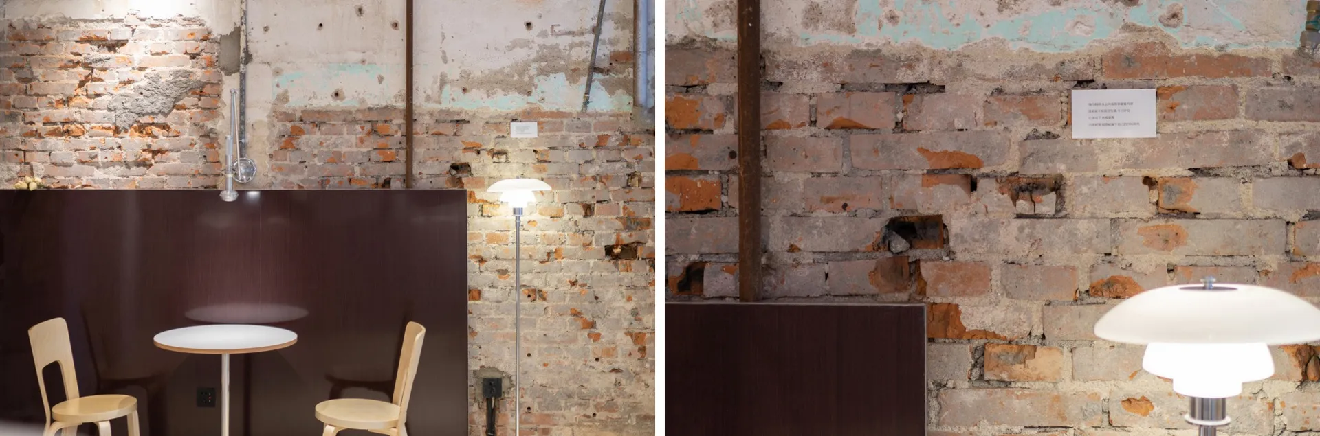 Industrial cafe interior with metal accents and brick walls.