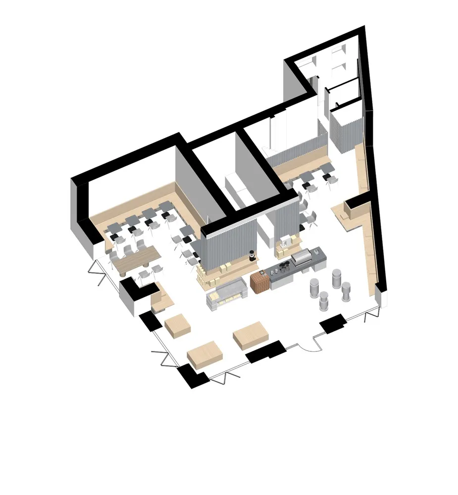 An overhead view of a cafe interior with a black and white color scheme and mixed materials.