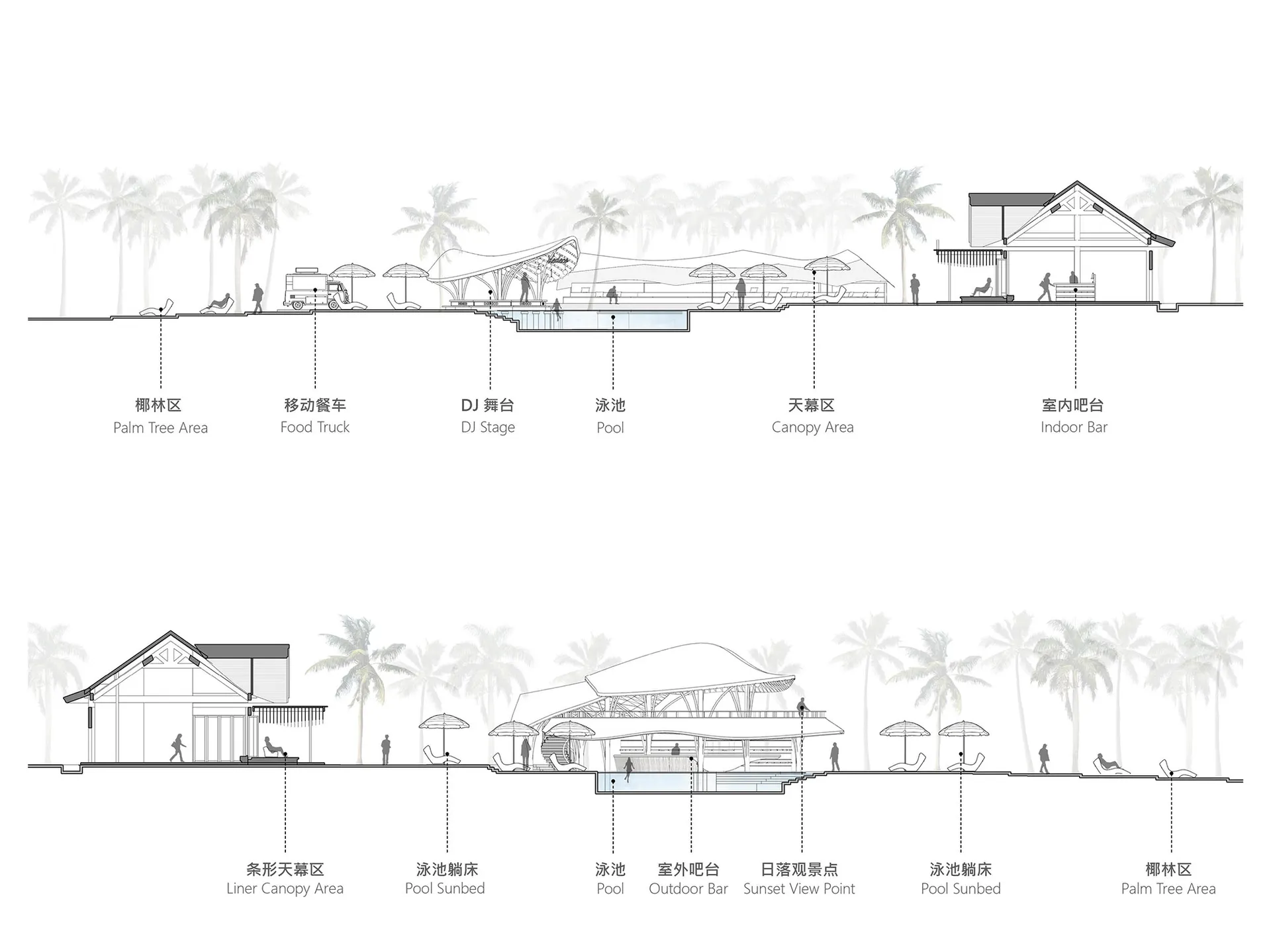 Floor plan of a hotel resort featuring mixed materials such as metal, glass, and concrete.