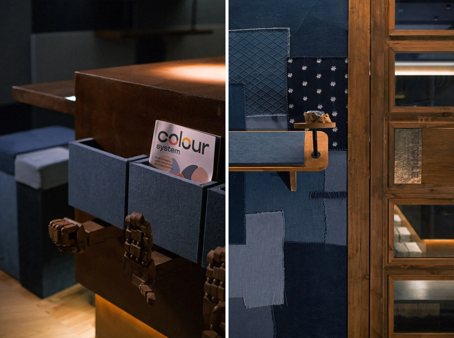 Closeup of industrial furniture display featuring denim textiles