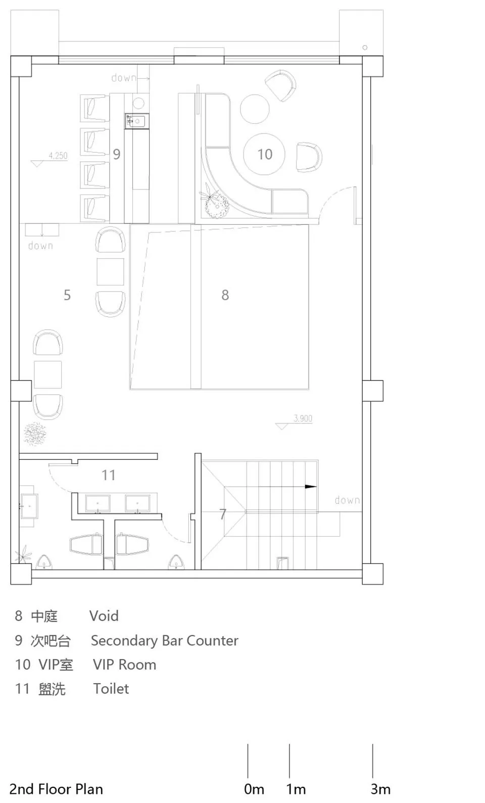 Second floor layout of a restaurant featuring various seating areas and a void space.