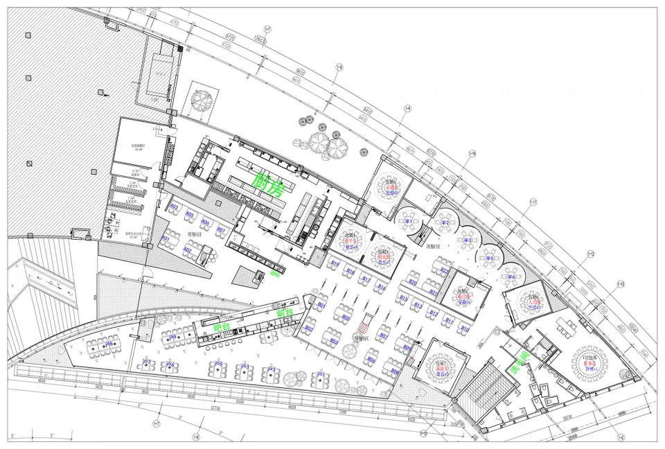 自助餐廳平面配置的2D建築圖，繪製於藍圖紙上