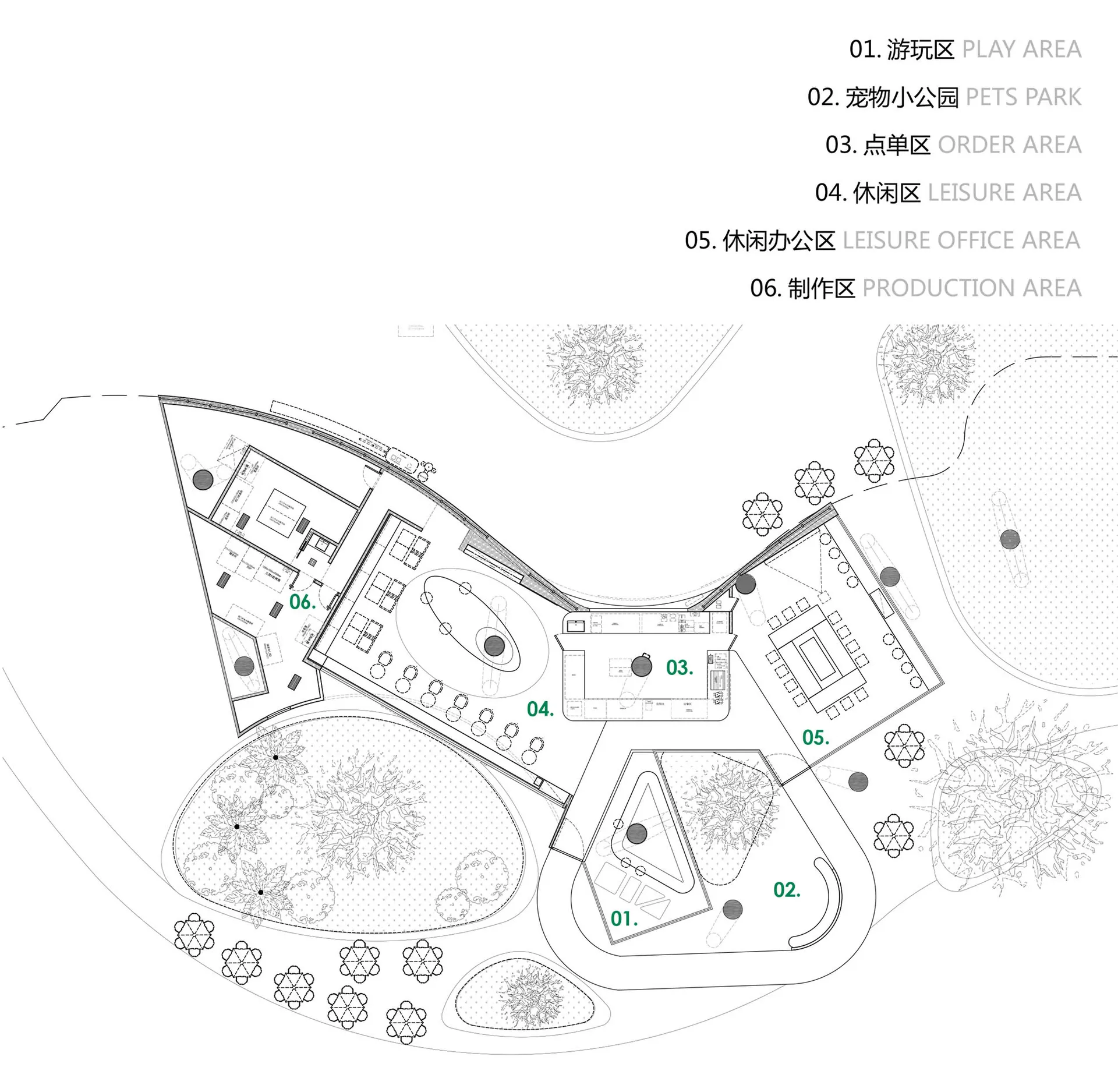 An architectural plan of a playground, showing various functional zones.