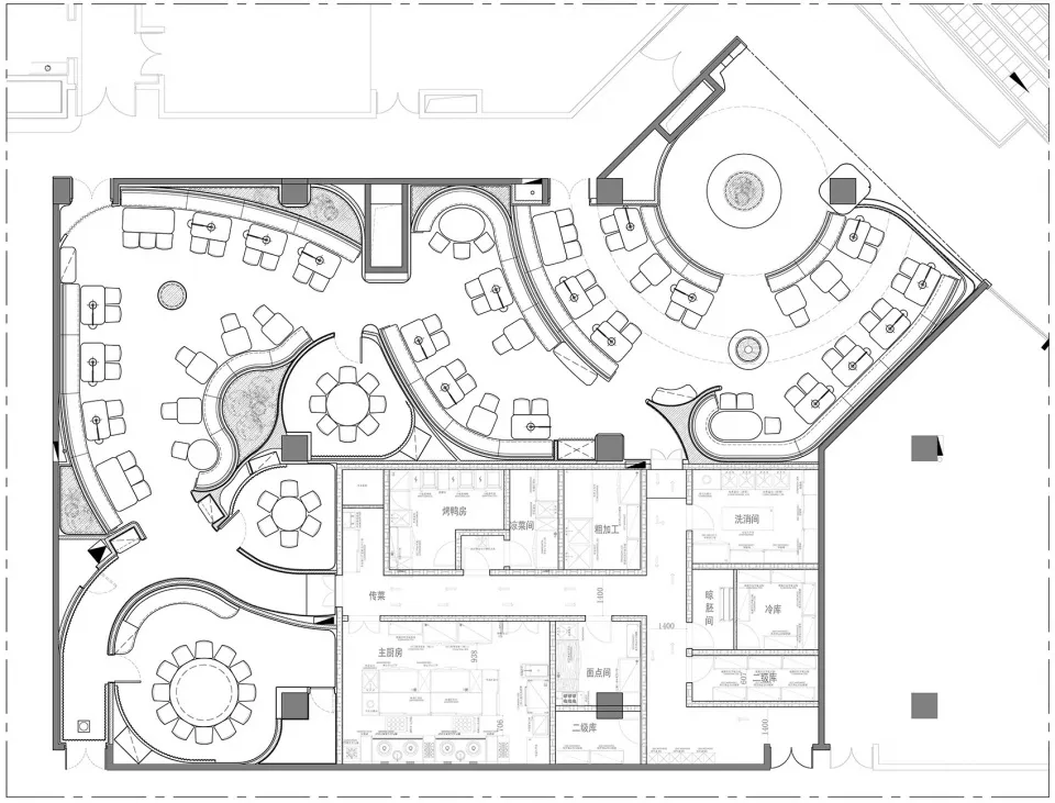 An interior design blueprint for a restaurant with neutral colors, featuring a layout of dining areas, kitchen, and utility s