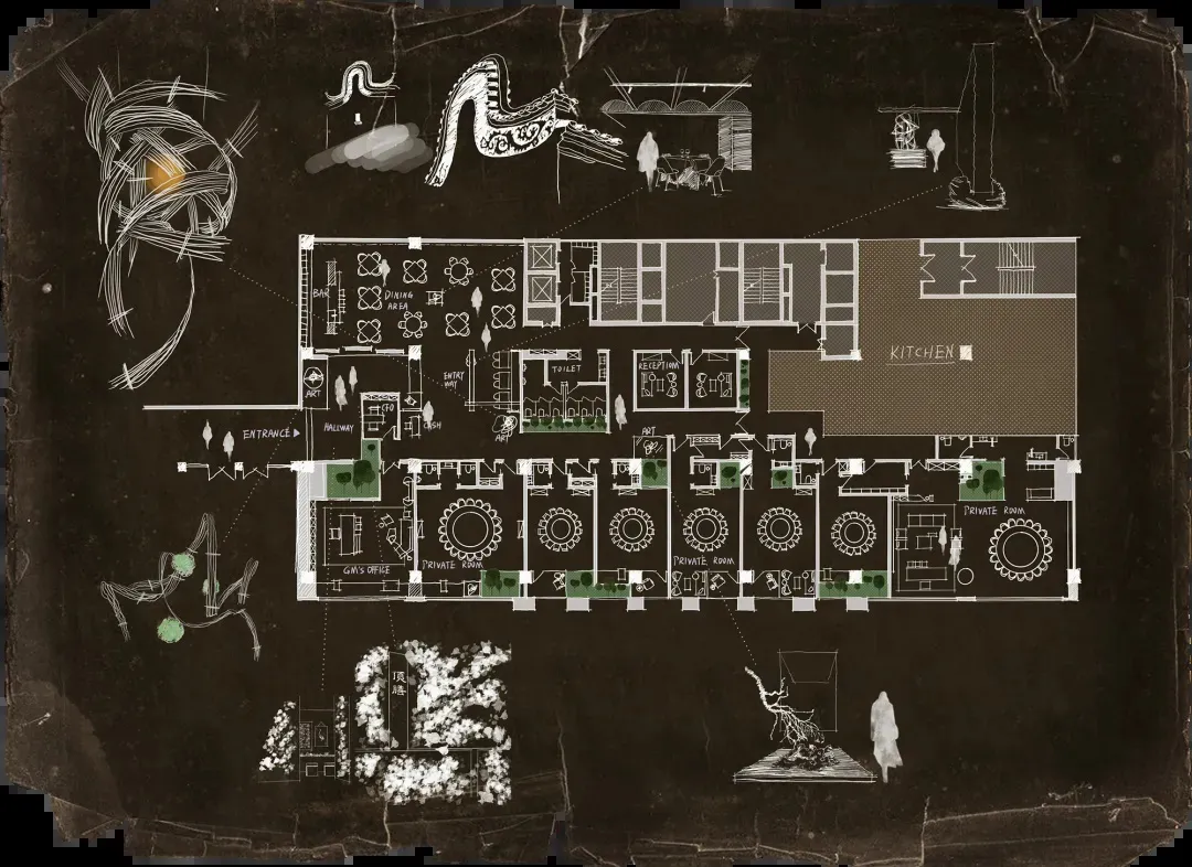 Floor plan of a modern restaurant layout drawn on paper.