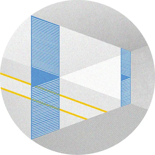A floor plan with blue patterned lines and geometric shapes.