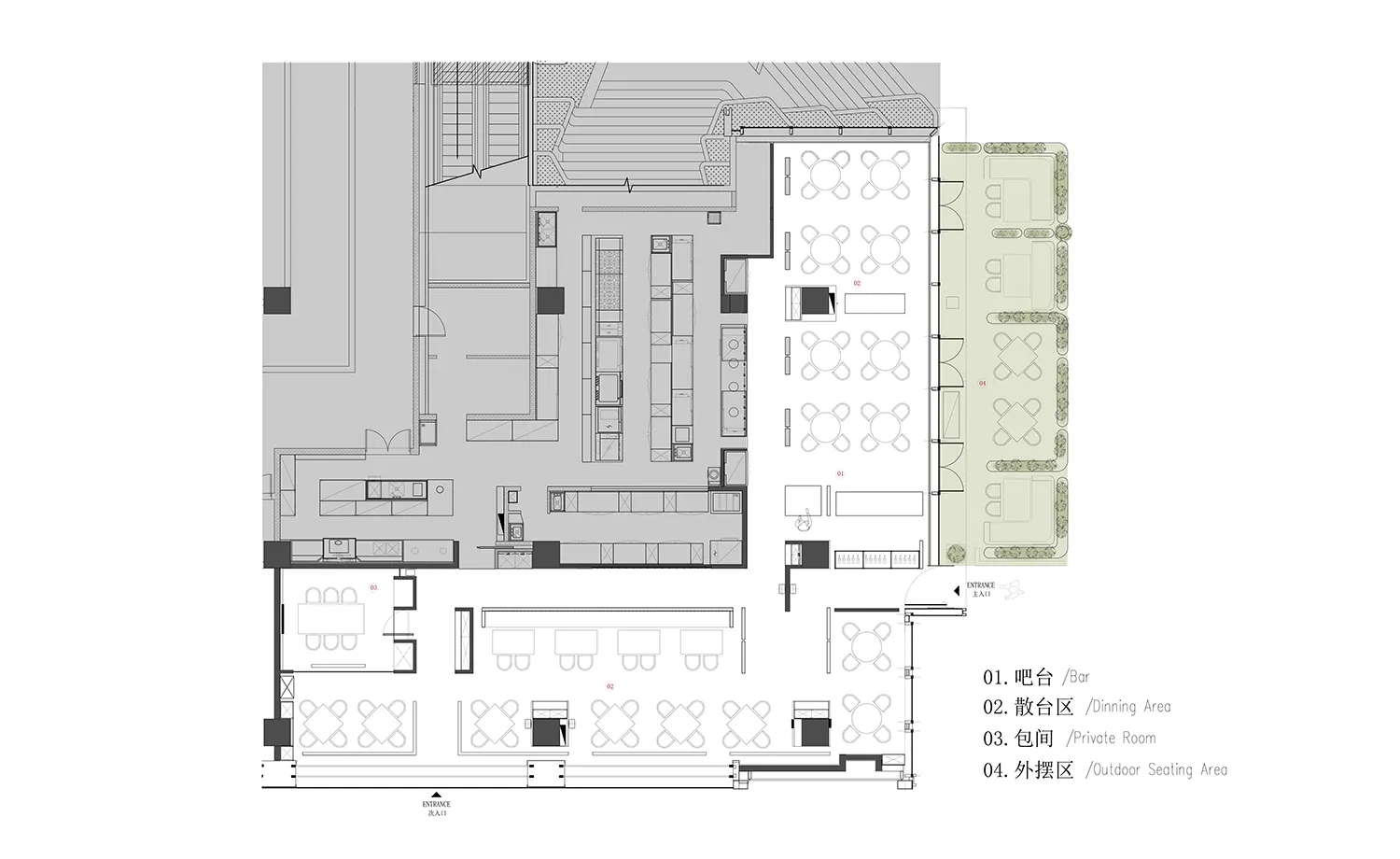 Floor plan of an industrial-style restaurant interior with tables, chairs, and kitchen areas.