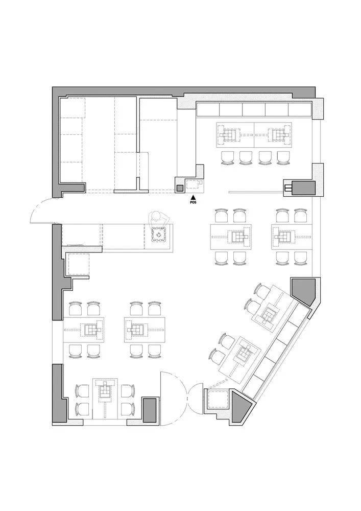 A detailed 2D architectural drawing of a modern office space layout.