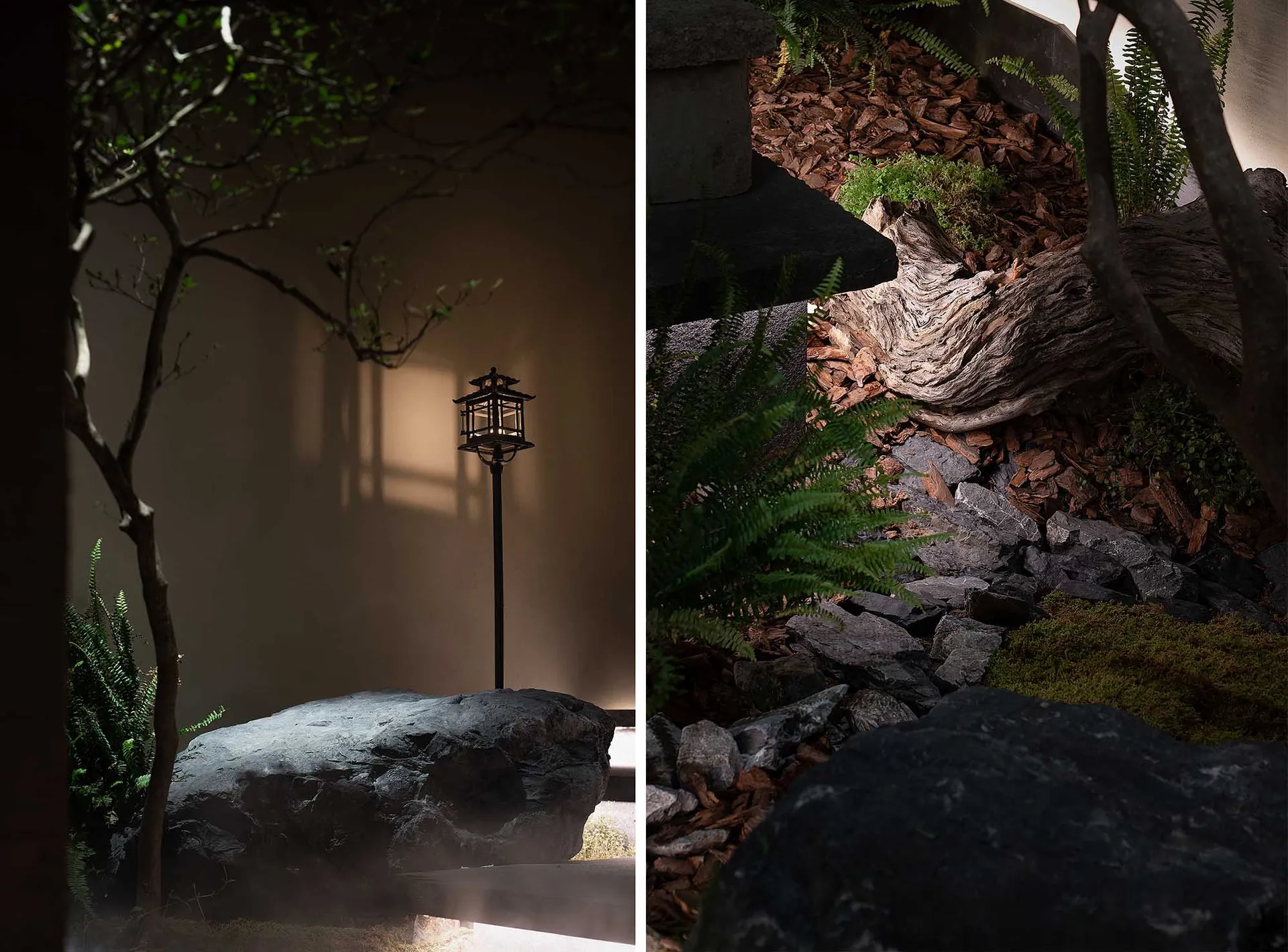 A serene minimalist garden interior featuring stone and wooden elements.