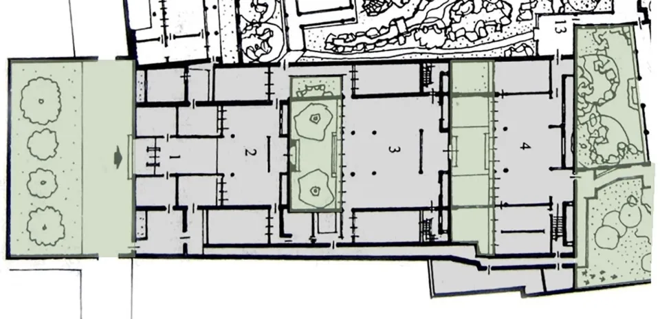 Plan of a modern office with steel, glass, and concrete materials