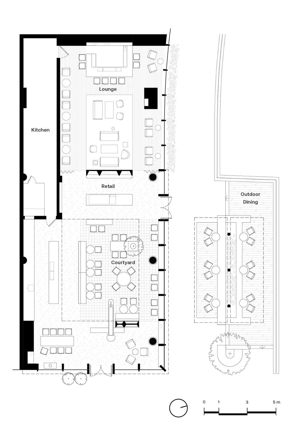 Floor plan detailing a commercial space with various functional zones and mixed material finishes.