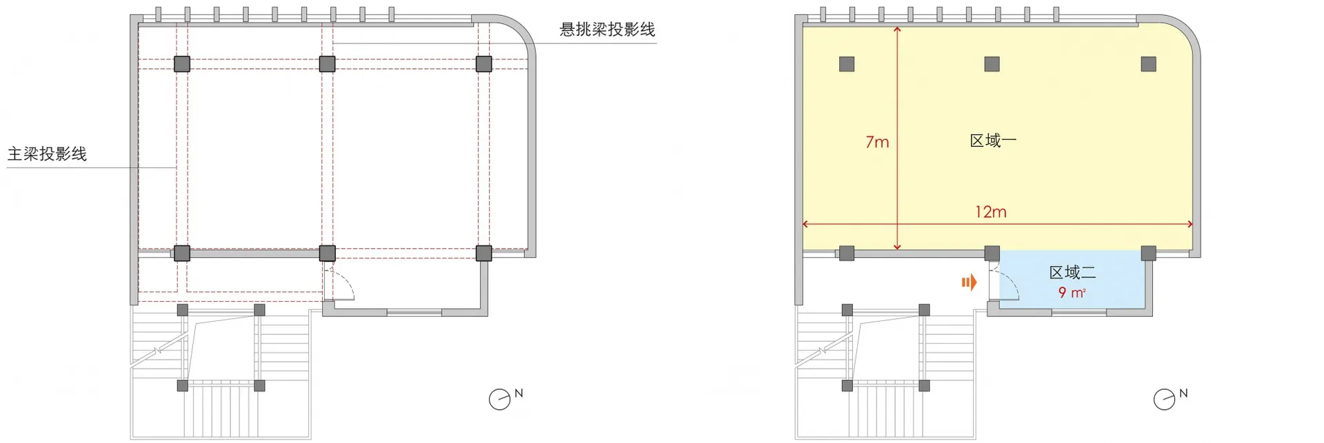 Floor plan of a commercial space showing structural beams and ground floor layout.