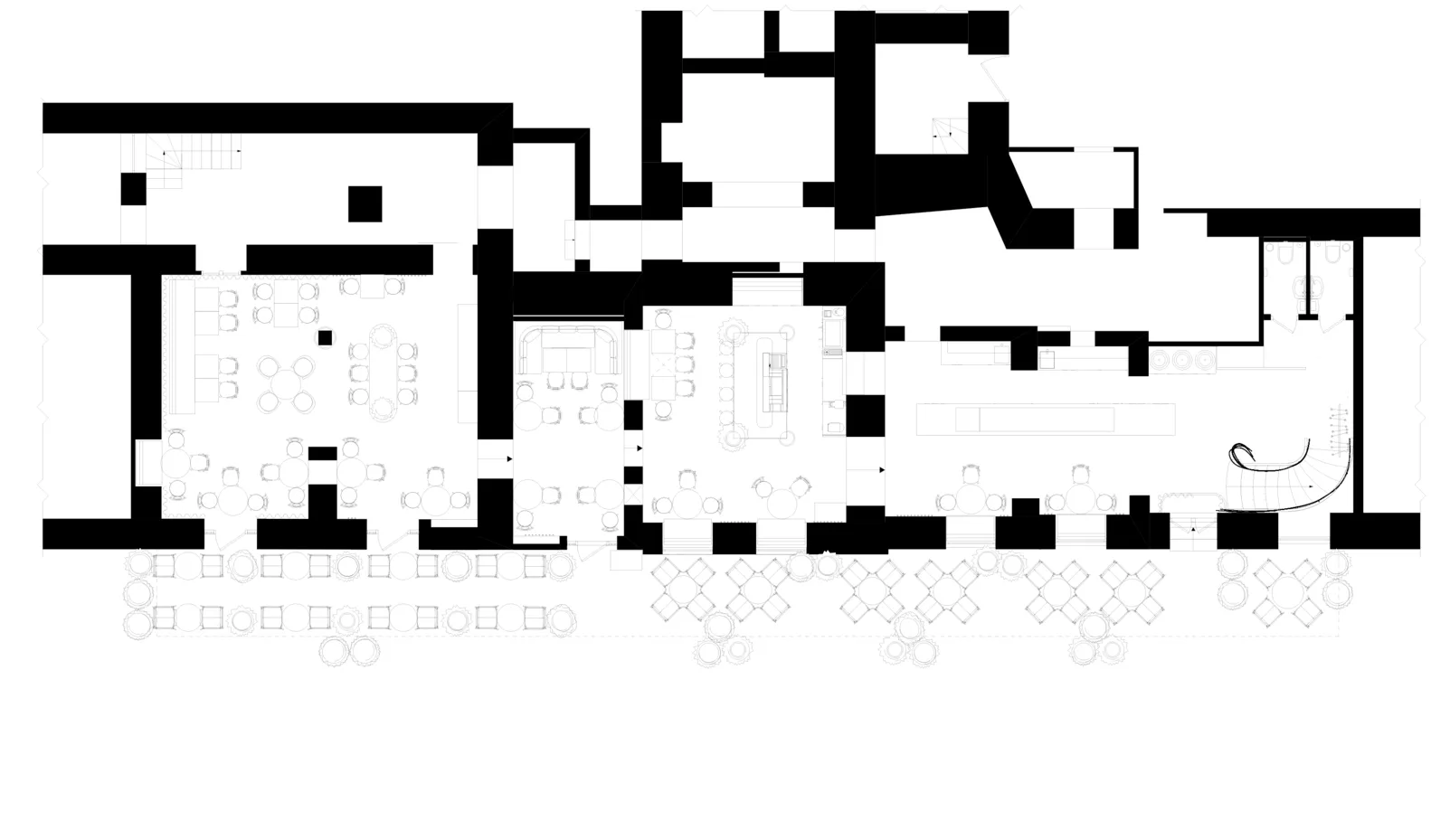 Layout of a modern restaurant featuring hardwood flooring, multiple dining tables, and an open kitchen.