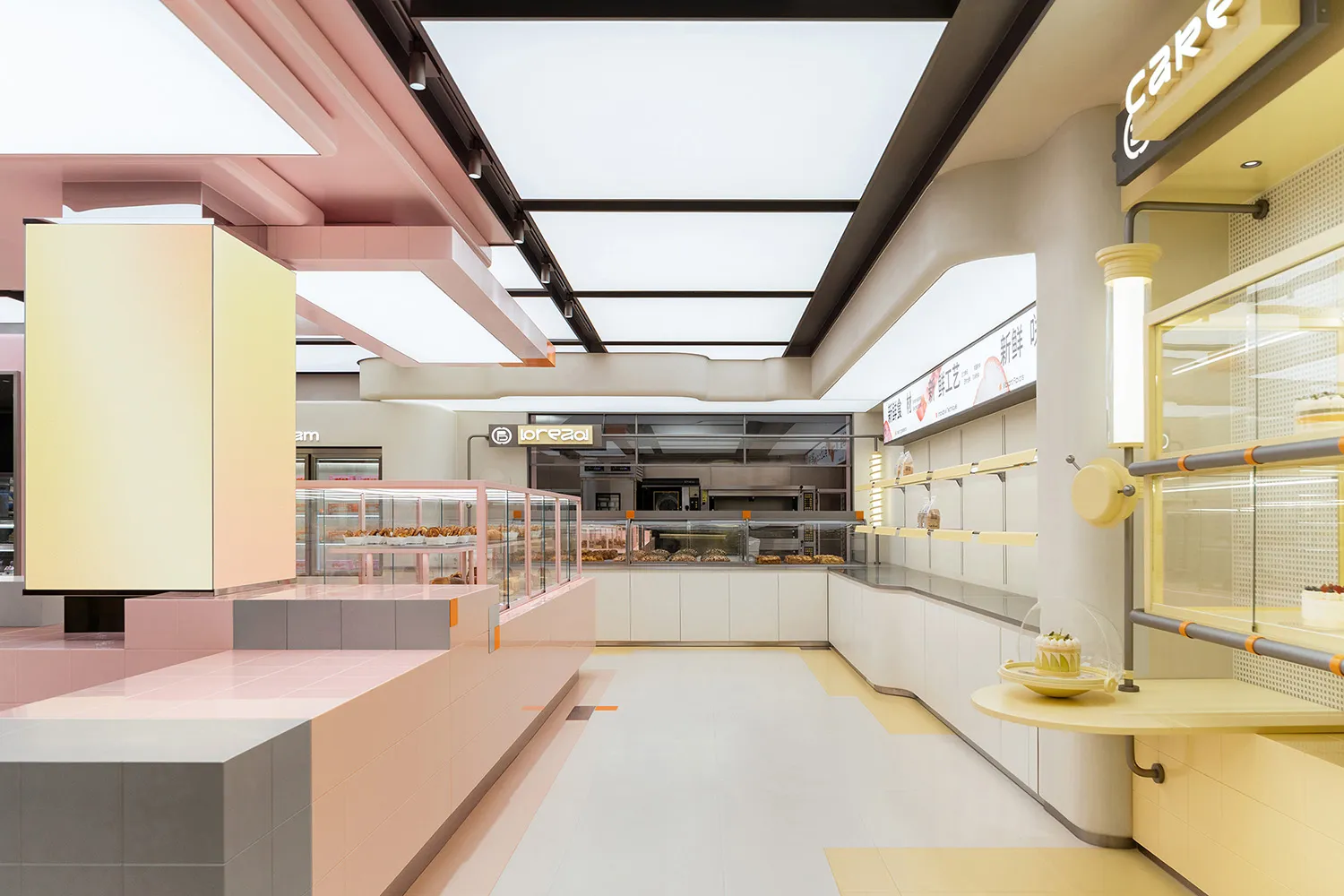 麵包店室內空間,採用粉彩瓷磚搭配鋼材元素。