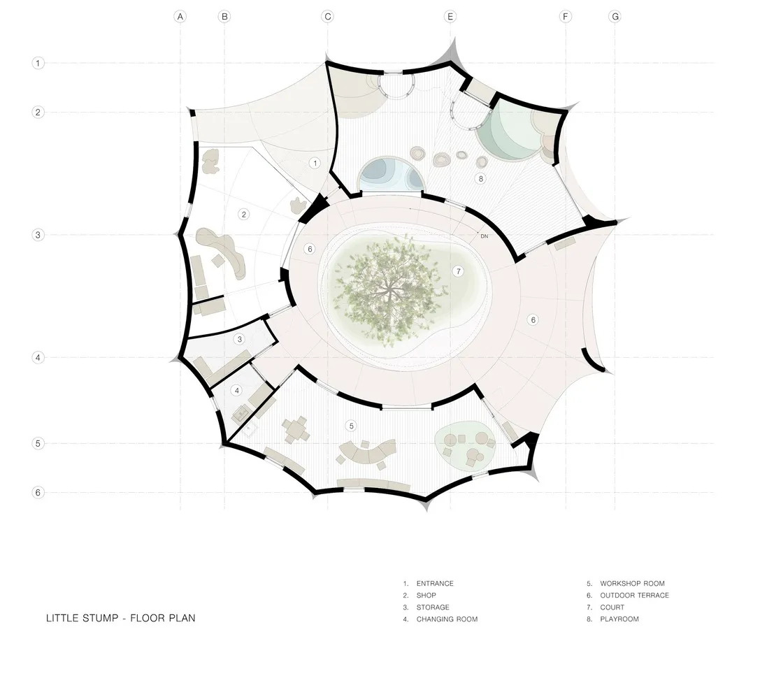Circular building floor plan with central courtyard and various rooms and spaces.