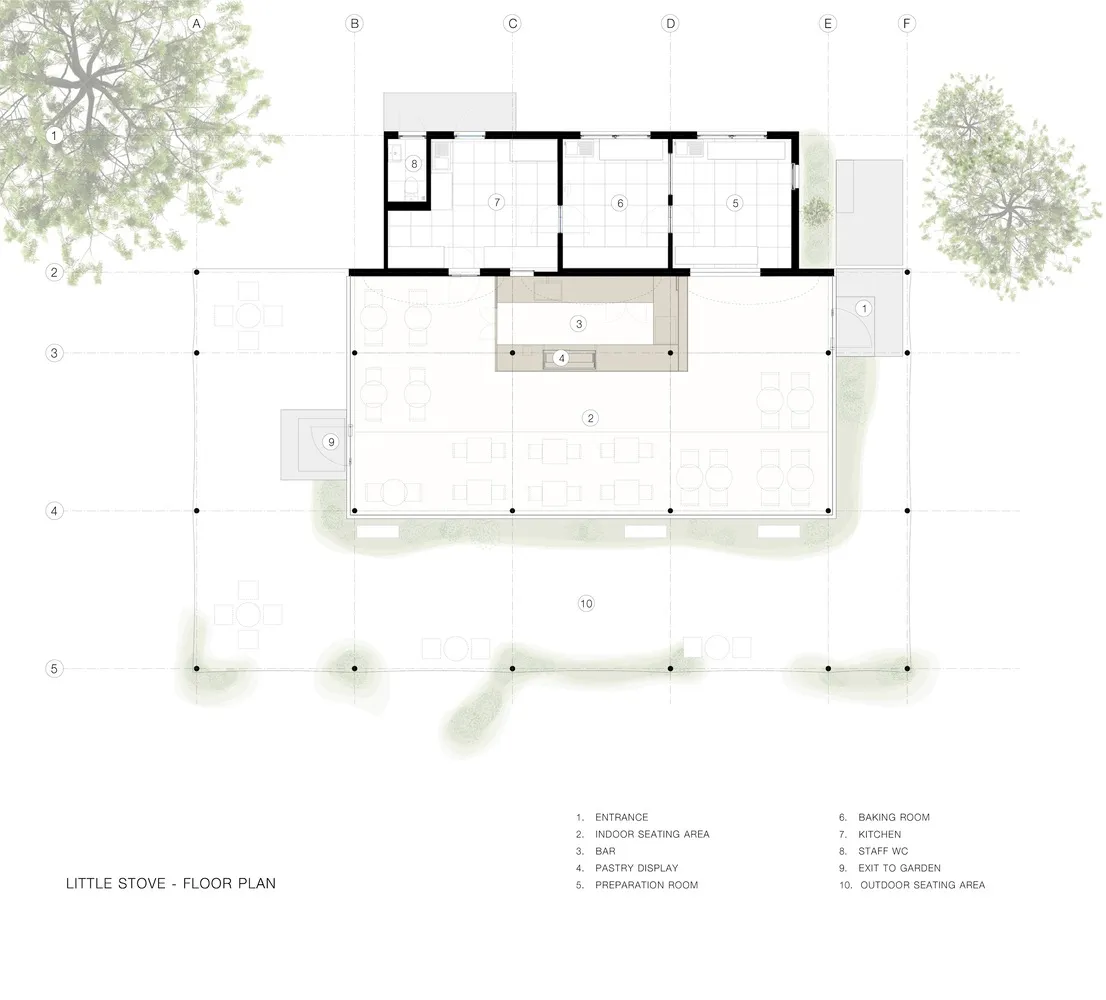 2D architectural drawing of Little Stove restaurant featuring concrete, steel, and glass materials.