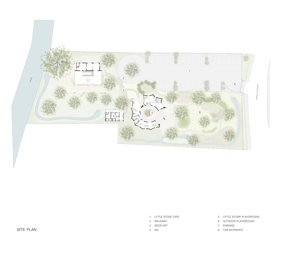 A black and white architectural design site plan of a park or recreational area showing various functional zones such as a Li