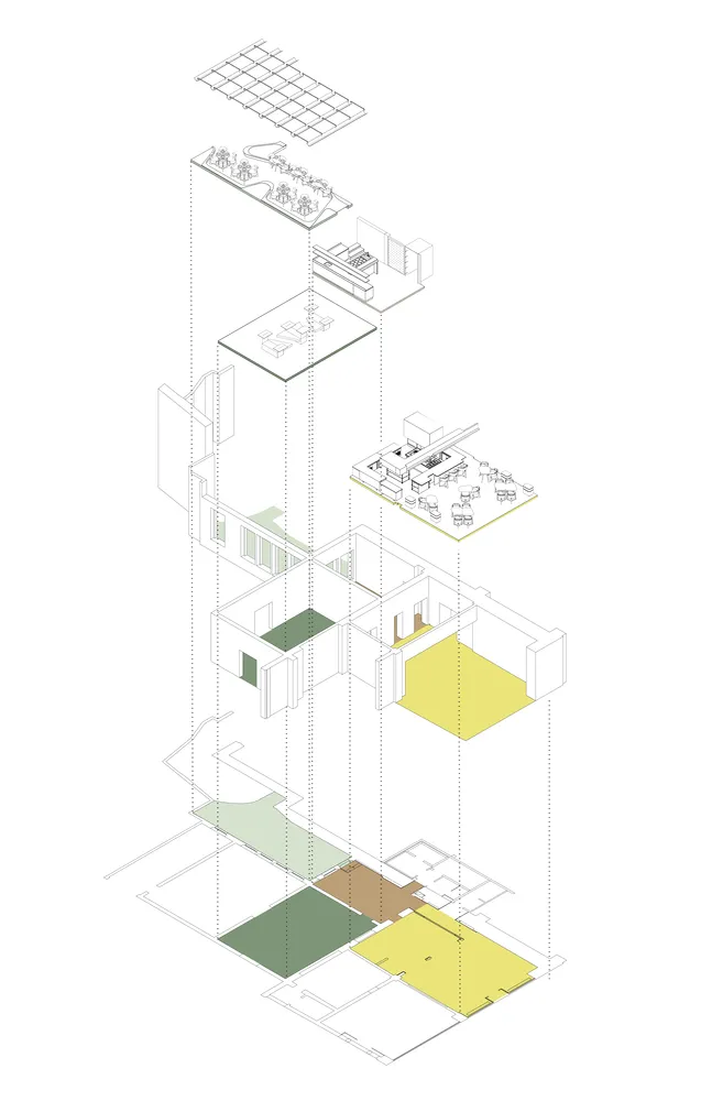 Cross-sectional diagram of apartment with distinct functional zones like kitchen, living area, and bedrooms.