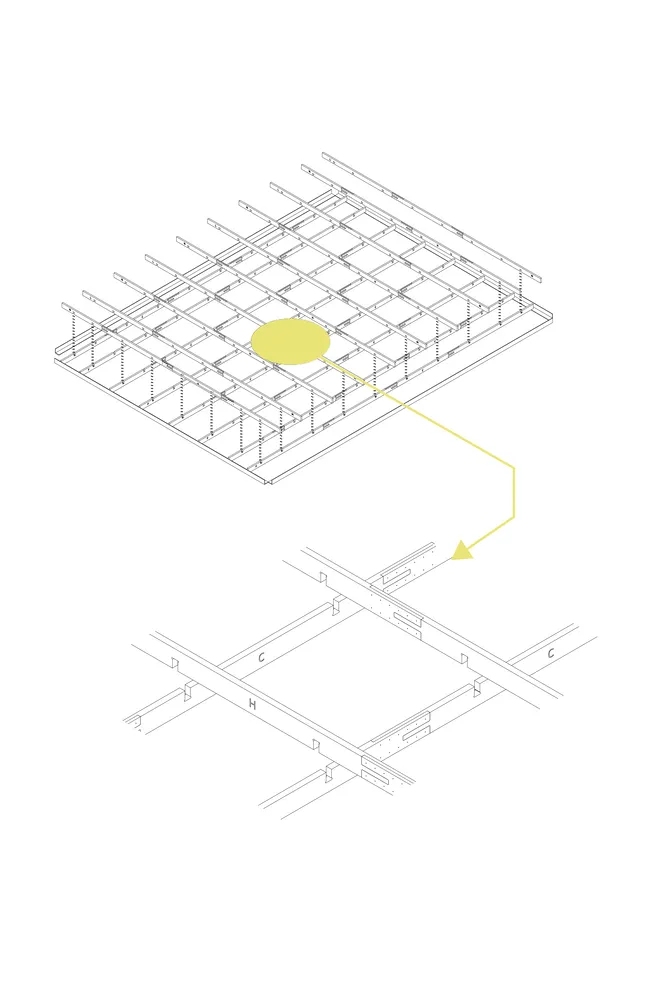 A schematic diagram of a building construction site highlighting a steel frame structure.