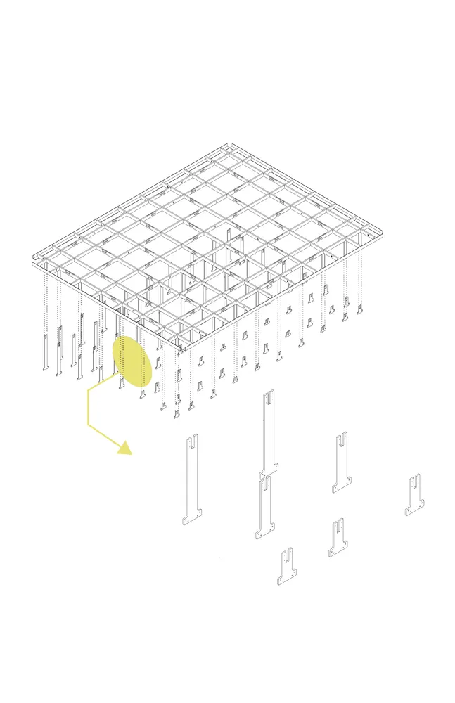 A 2D architectural drawing of a metal grid floor plan