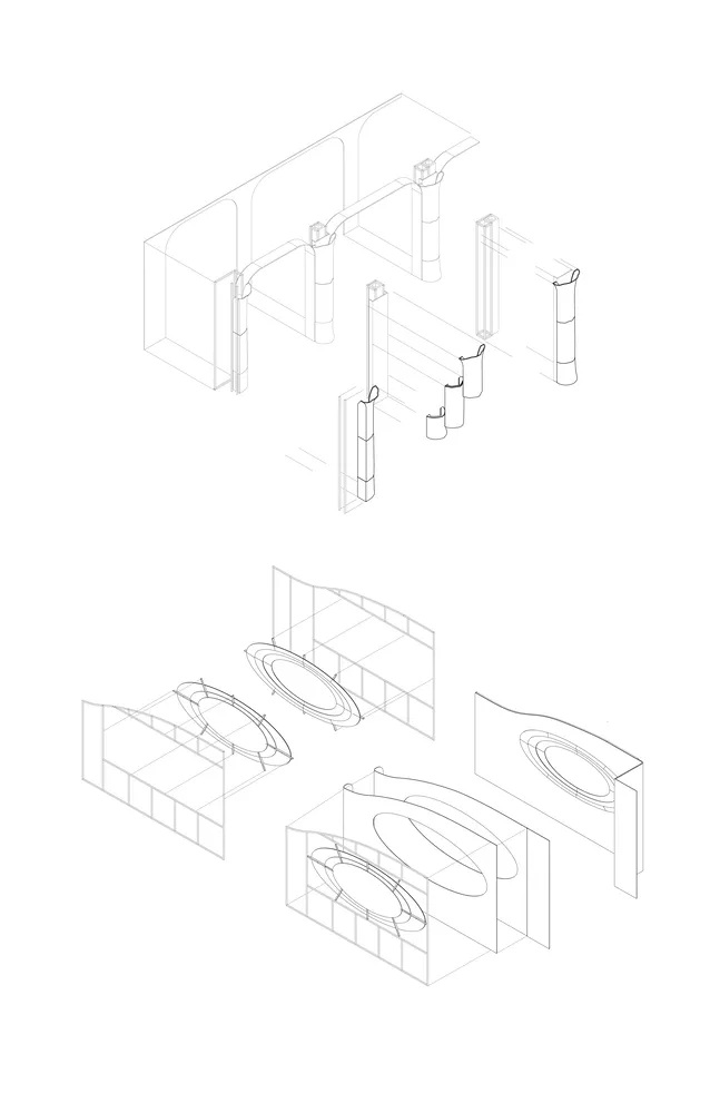 An architectural illustration of a modern interior space featuring metal columns and structural elements.