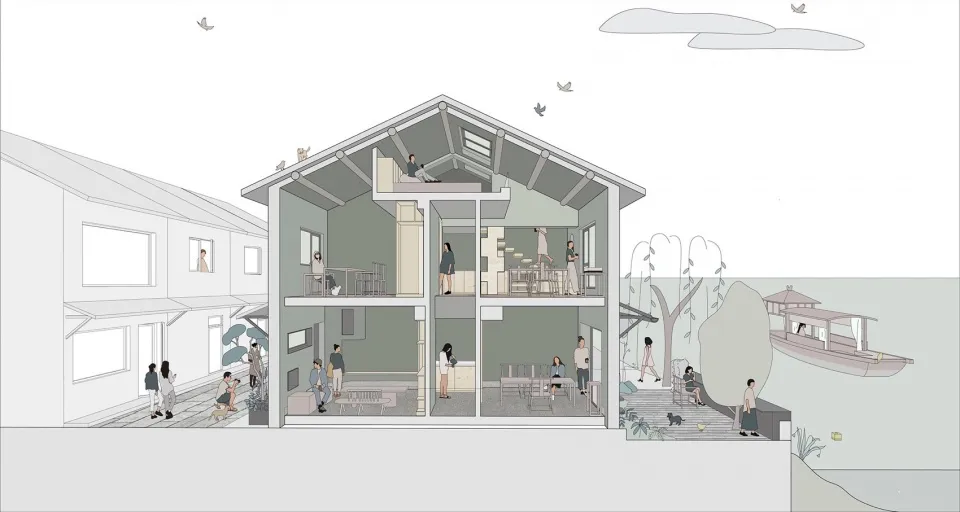 Modern residential building interior with multiple levels and open layout, featuring contemporary design elements and large w