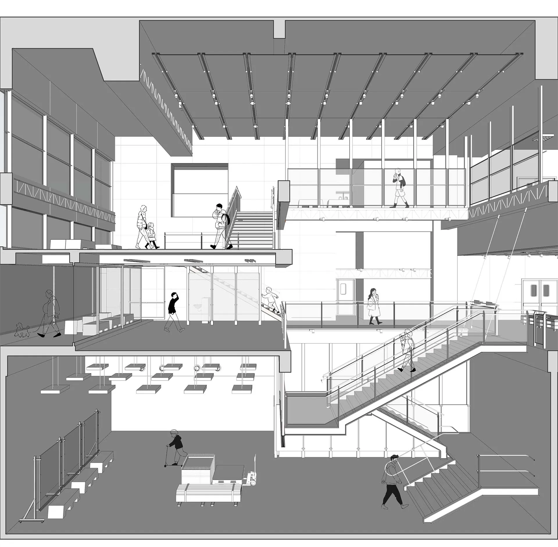 A detailed architectural drawing of a modern shopping center with glass, metal, and concrete materials.