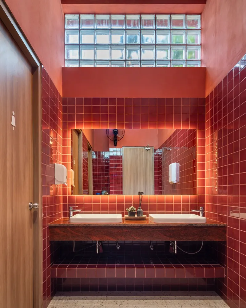 A modern public bathroom with red tiled walls, glass brick ceiling, and a wooden door.