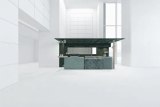 Modern coffee shop design featuring marble finishes