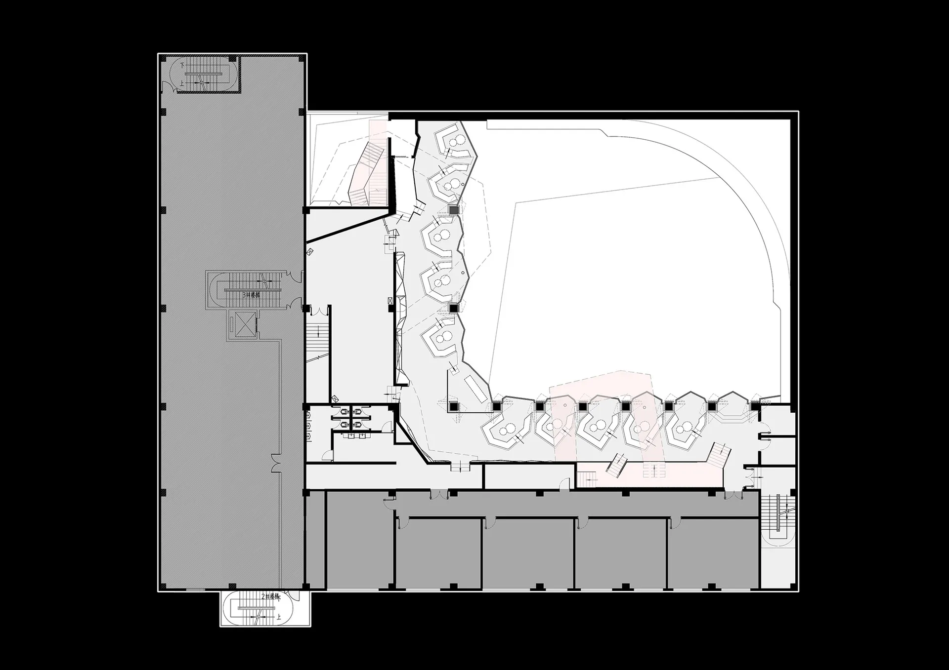 A detailed 2D architectural drawing depicting a modern interior space with a focus on concrete materials and scale.
