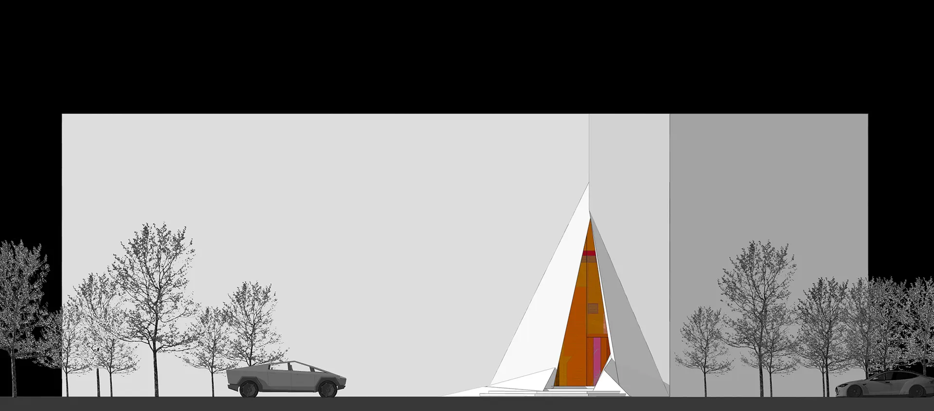 建築渲染圖呈現極簡設計搭配幾何造型。