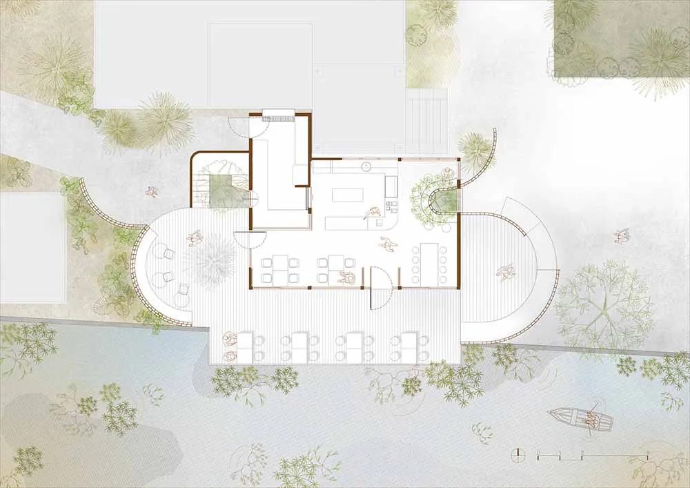 現代住宅平面圖，中央設有中庭及多個生活空間。