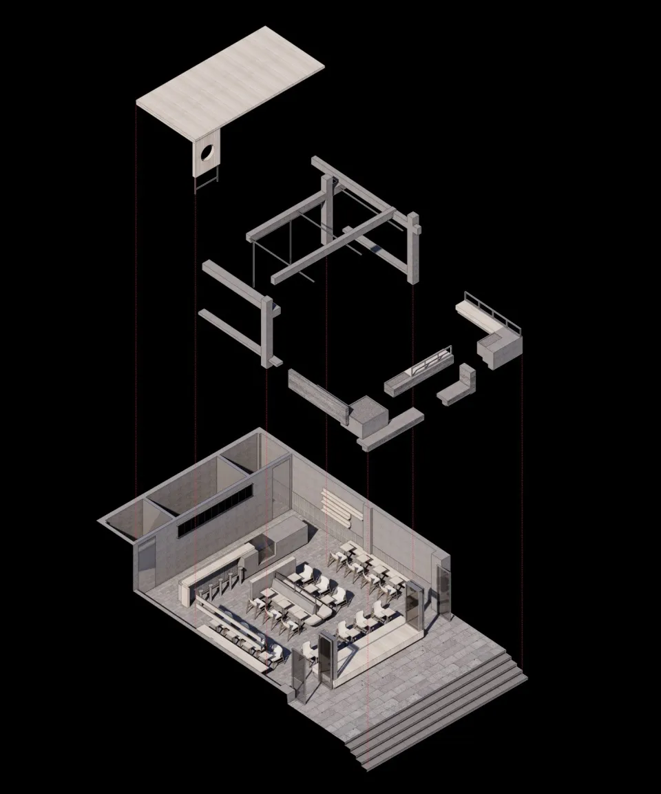 A detailed architectural floor plan of a modern restaurant featuring concrete and steel materials.