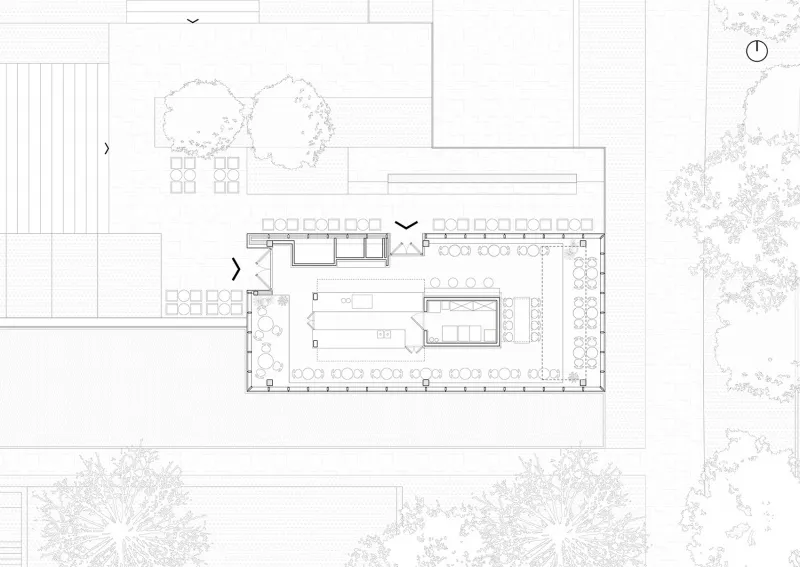 A detailed architectural floor plan of a modern office space designed with midcentury influences and depicted in white paper