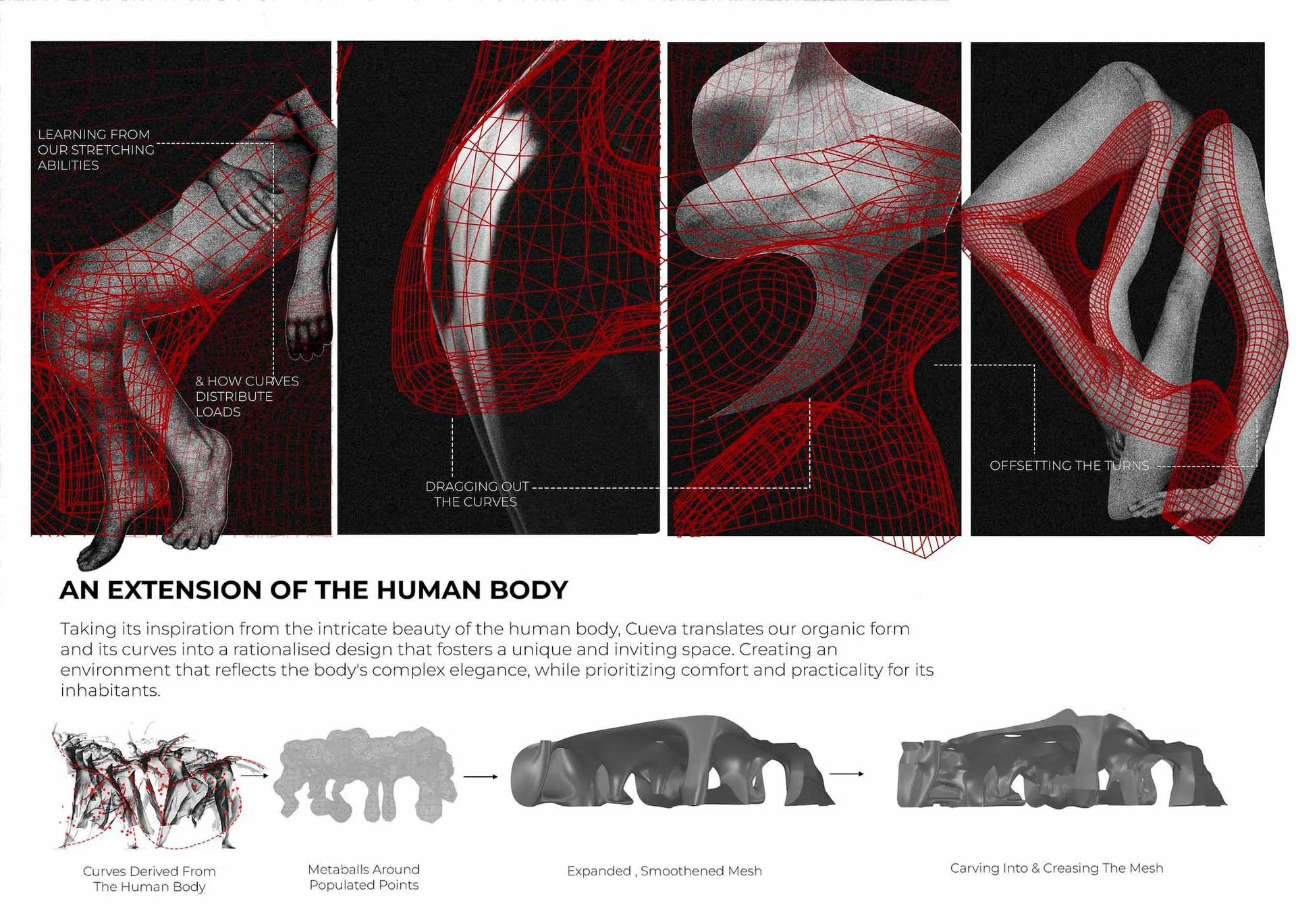 Digital render of an organic architectural design inspired by human anatomy, showcasing curves and fluidity.