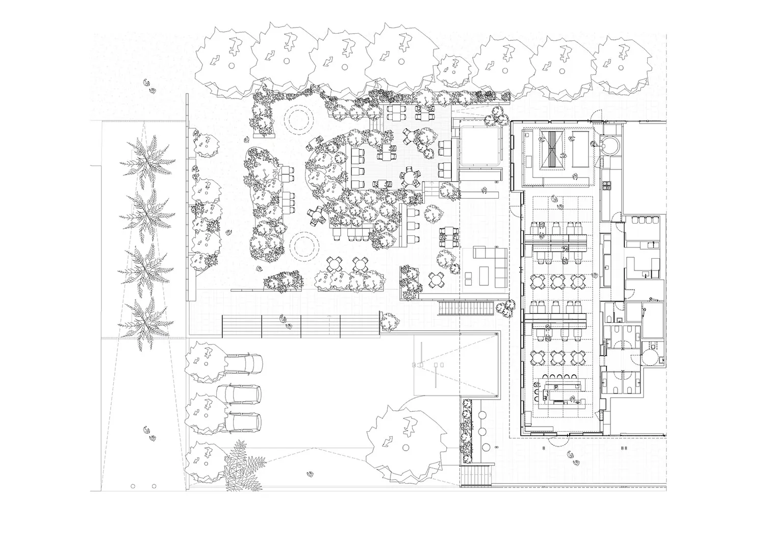 2D 建築圖,呈現以混凝土、玻璃與金屬材質打造的獨特商業空間。