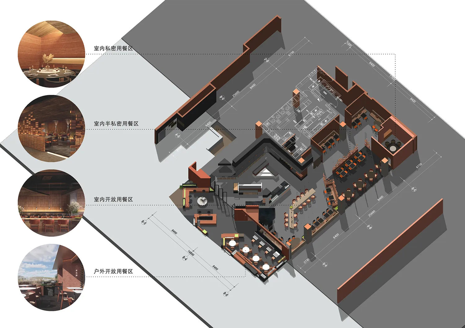A 3D rendering of a restaurant food court layout featuring various dining zones.