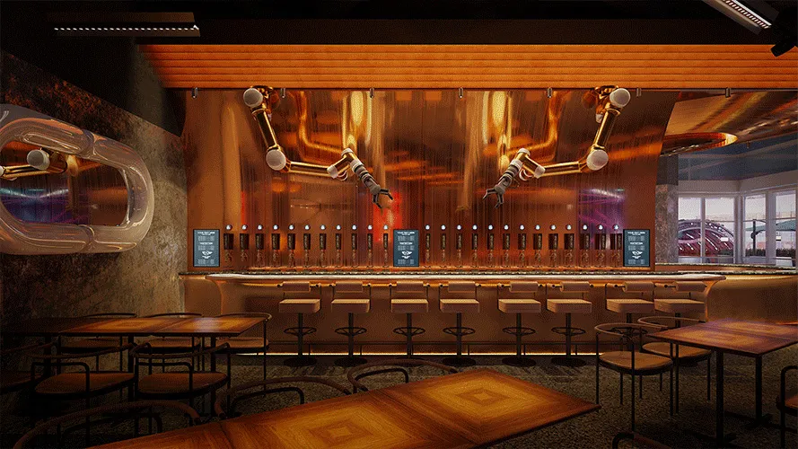 An industrial-themed bar featuring metal pipework and seating.