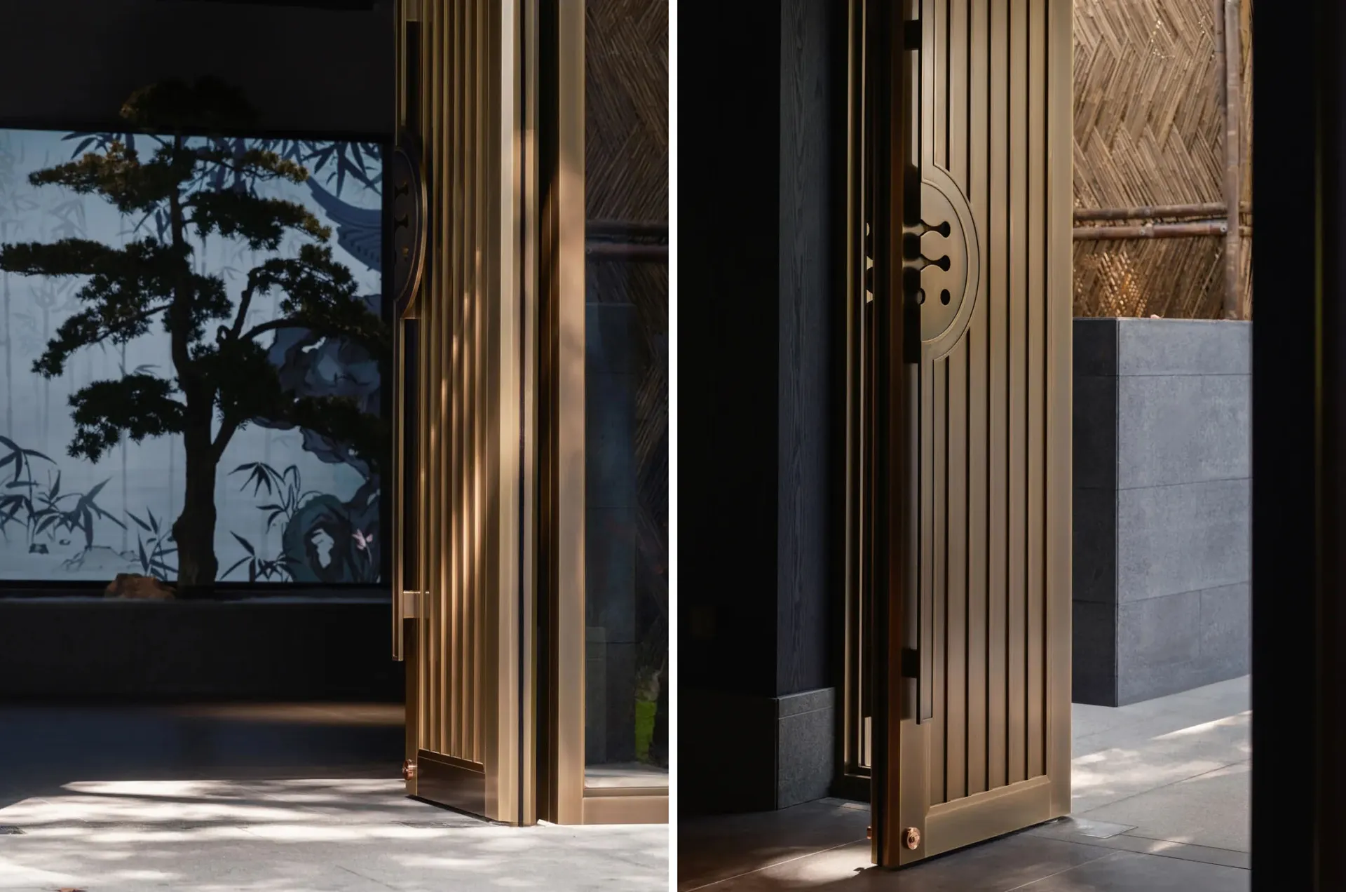 A modern entrance with bronze doors featuring geometric designs against a dark interior background, creating a sleek and eleg
