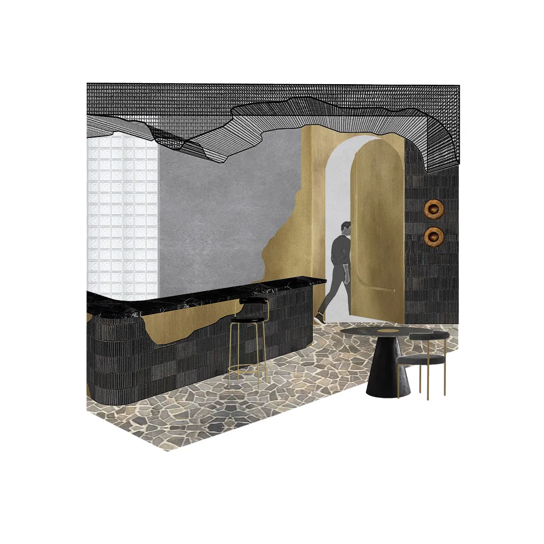A modern bar featuring natural stone flooring, a black marble counter, and a person walking through a doorway.